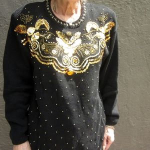 Black sweater with gold beads crystals rhinestones
